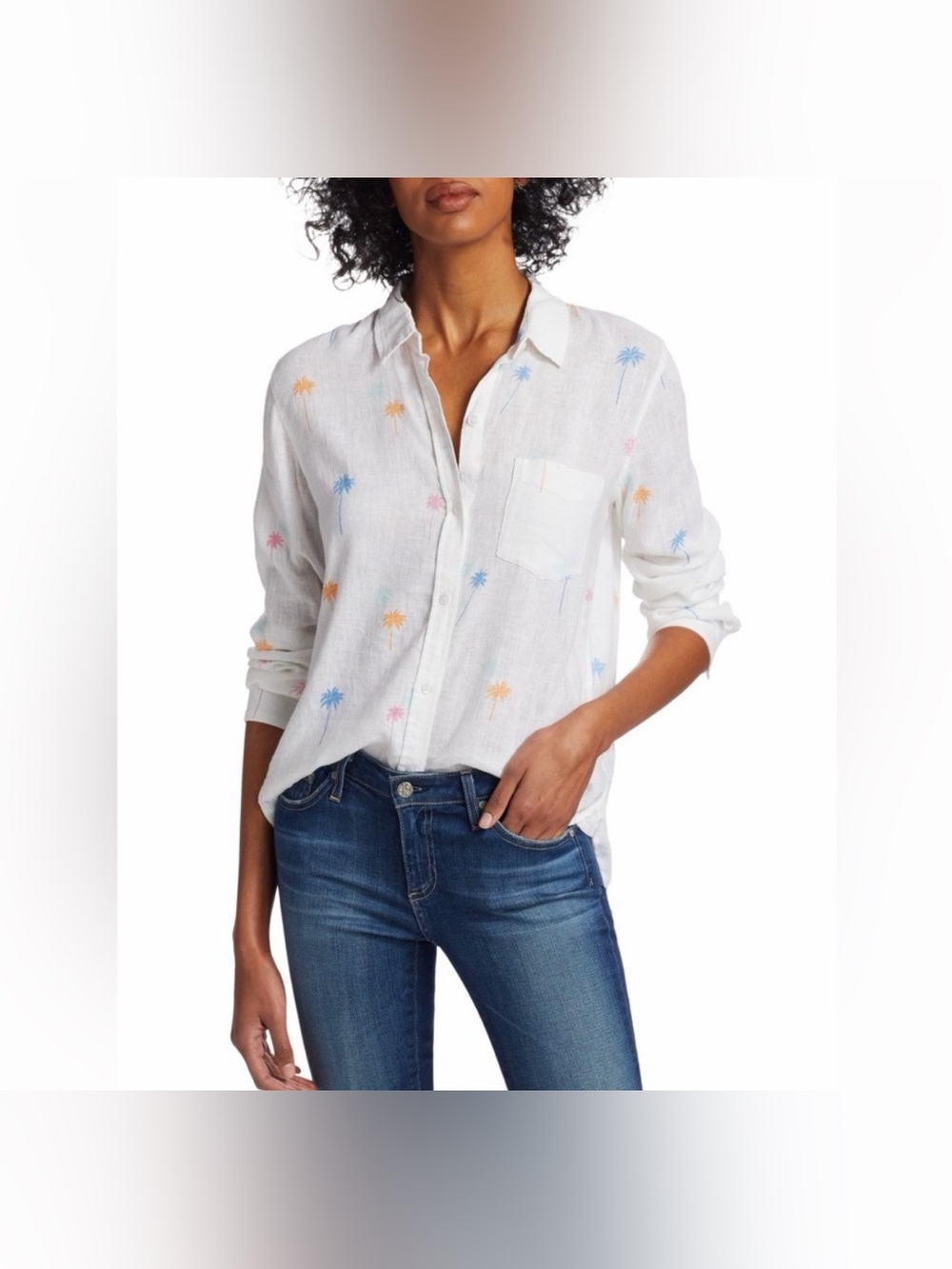 Rails Charli Neon Palms Linen Blend Button-Up Shirt Top Size XS Low Sleeve